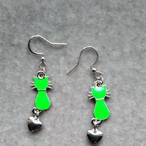 Hand Crafted Green Enamel Cat Earrings with Silver Hearts